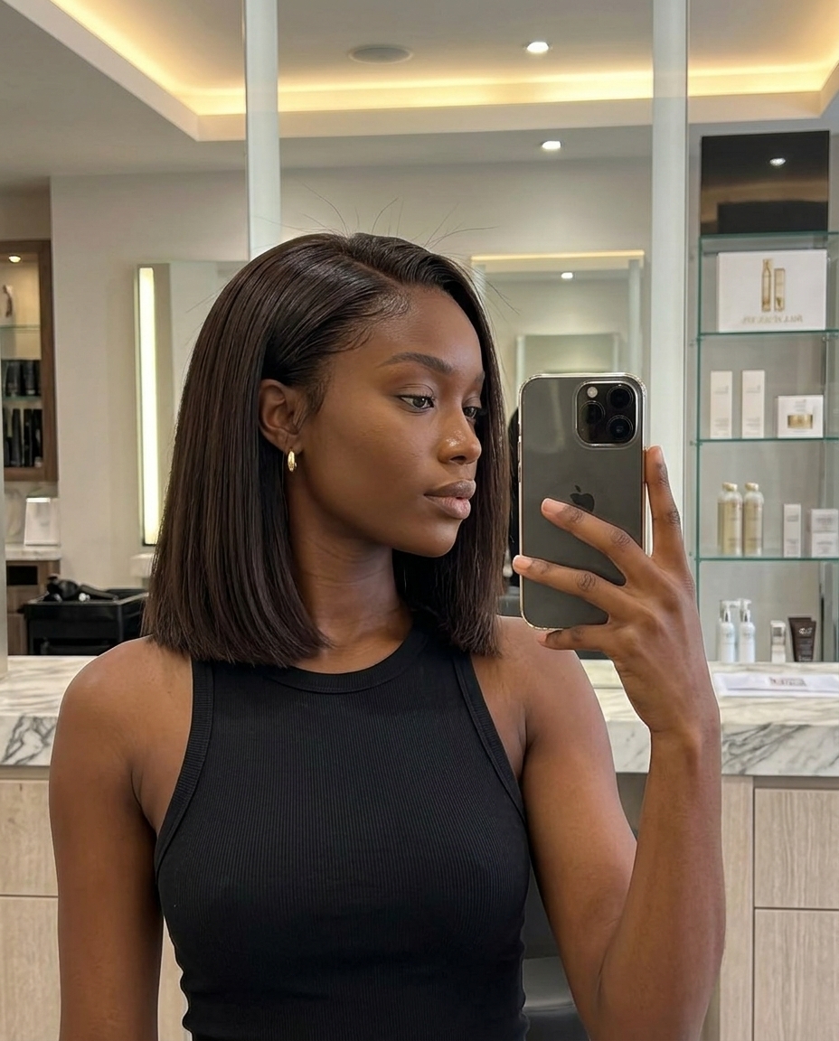 collarbone-length espresso brunette blunt bob with a clean perimeter and deep side part for a minimalist look