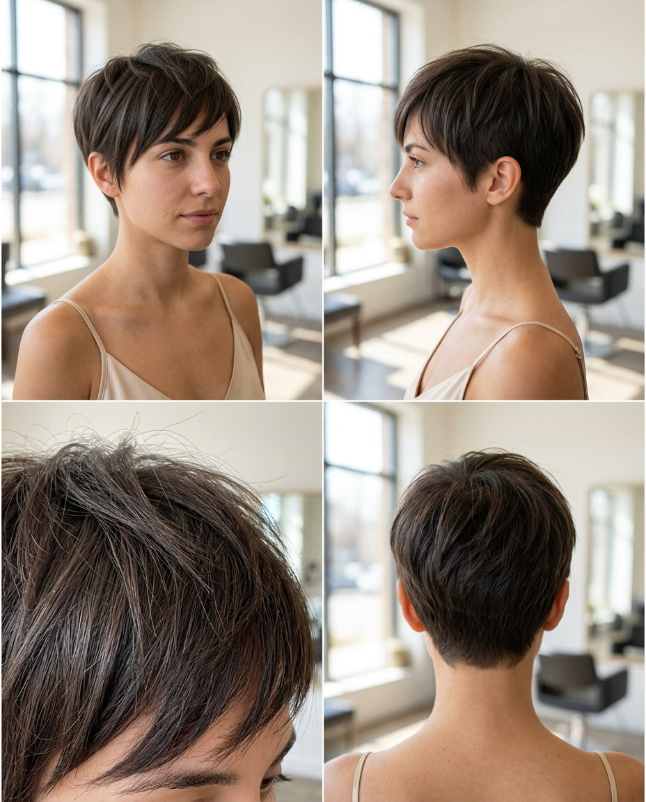 very short espresso brunette pixie haircut with a swept fringe, textured crown, and tapered nape for an edgy look