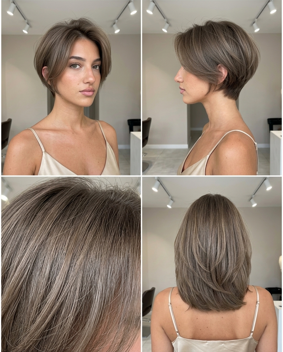 short cool light brown pixie haircut with ash undertones, wispy textured layers, tapered nape — edgy chic