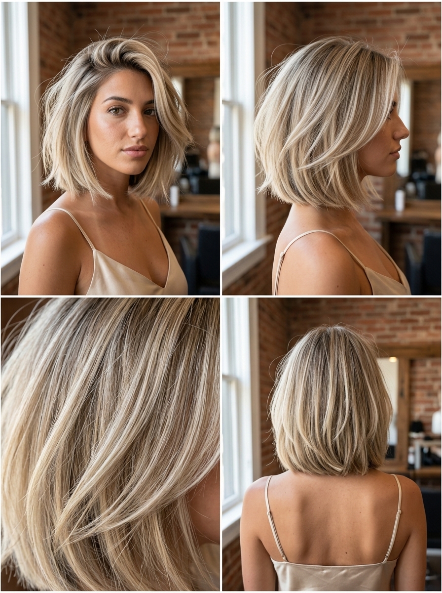 chin-length messy bob haircut with cool linen blonde and sandy lowlights for summer 2026