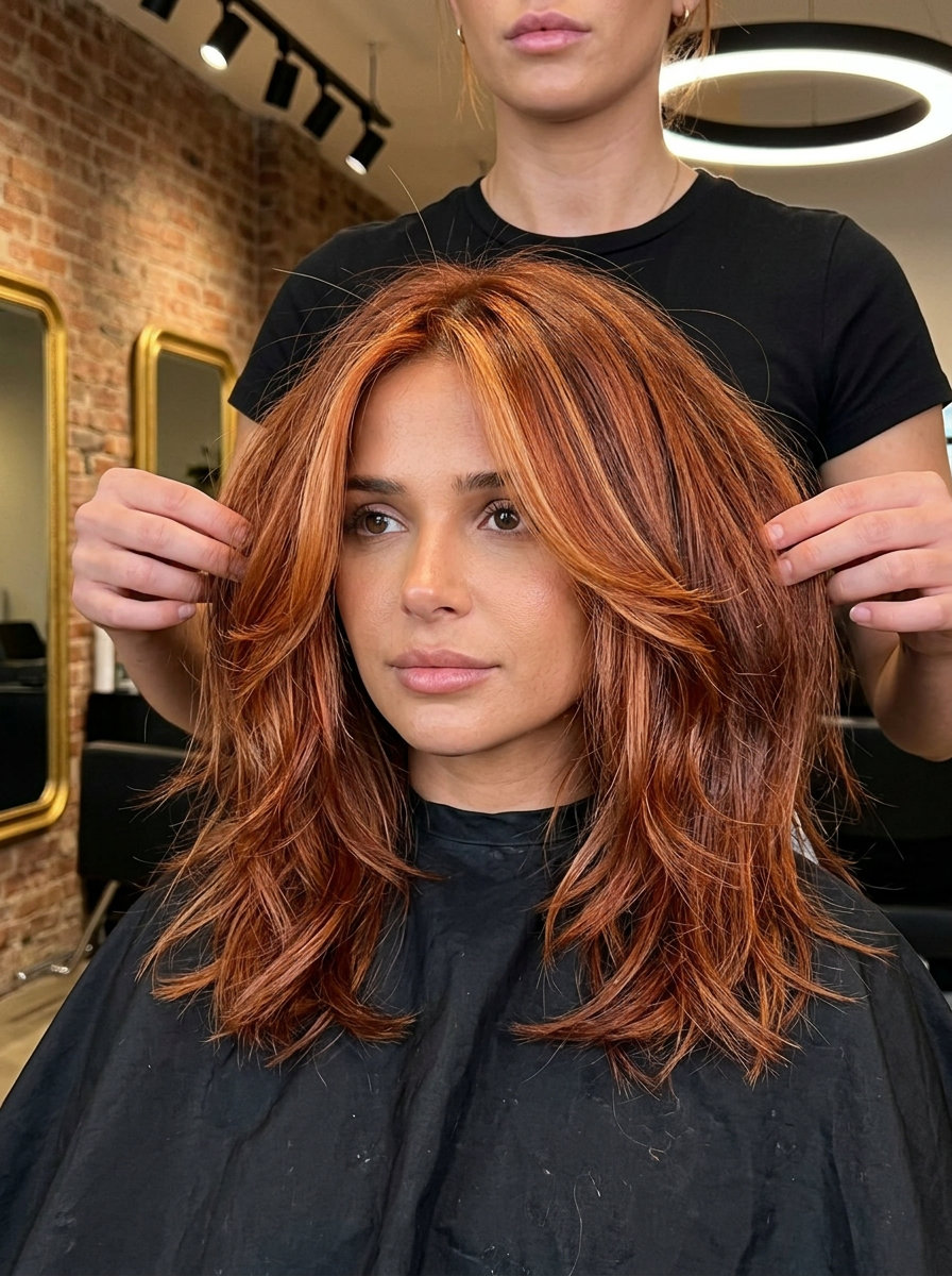 medium copper auburn shag with golden red highlights for bold, fiery vibes