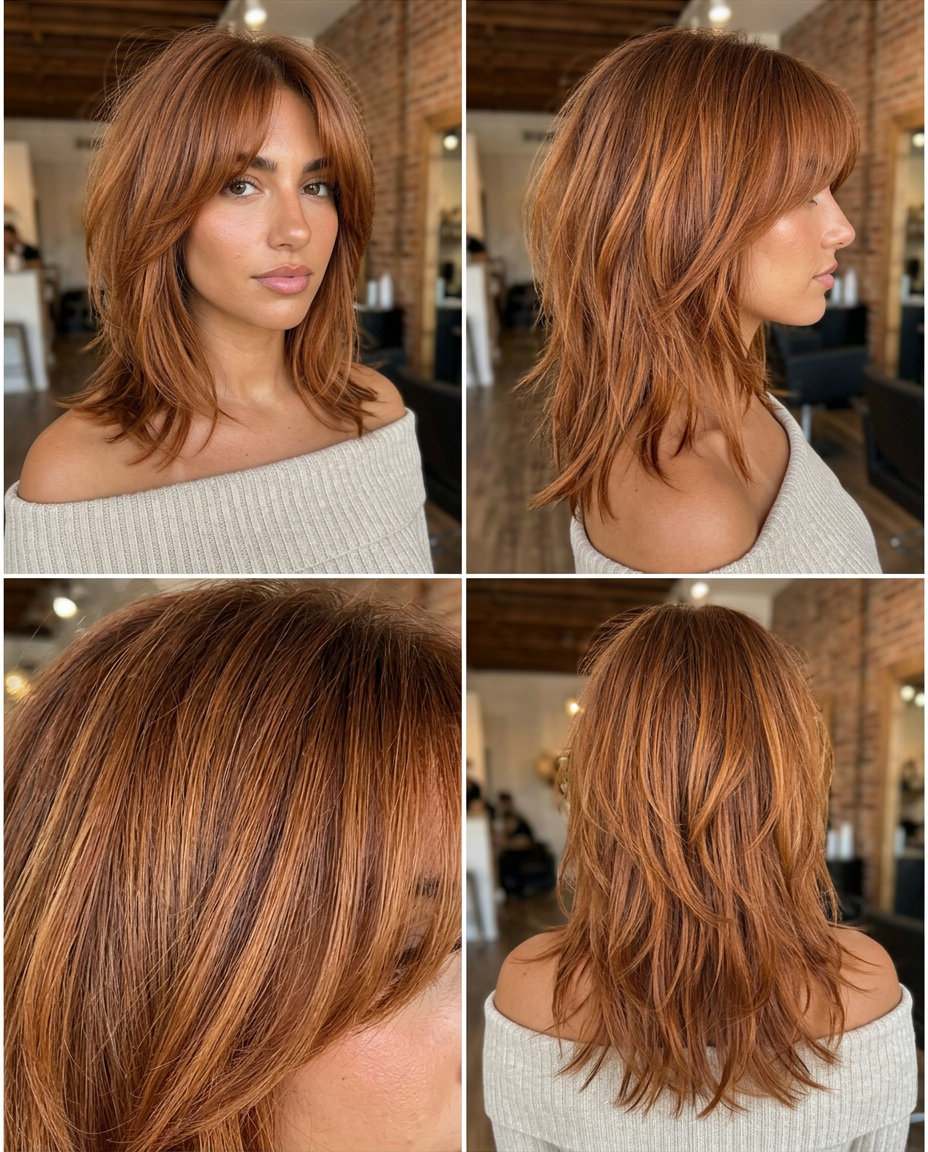 medium-length shag in warm copper auburn with root smudge, internal layers & razored ends — playful bohemian style
