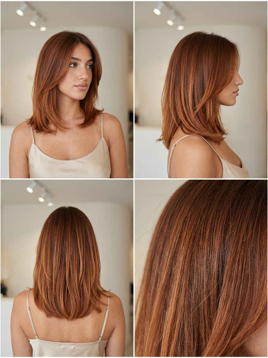 mid-length layered cut in sun-kissed copper auburn with root smudge, soft face-framing layers & diffused ends — effortless summer vacation hair
