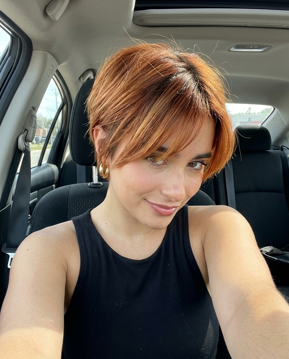 short razored pixie haircut in copper auburn with sun-kissed highlights, tapered sides and swept-aside fringe — playful weekend getaway