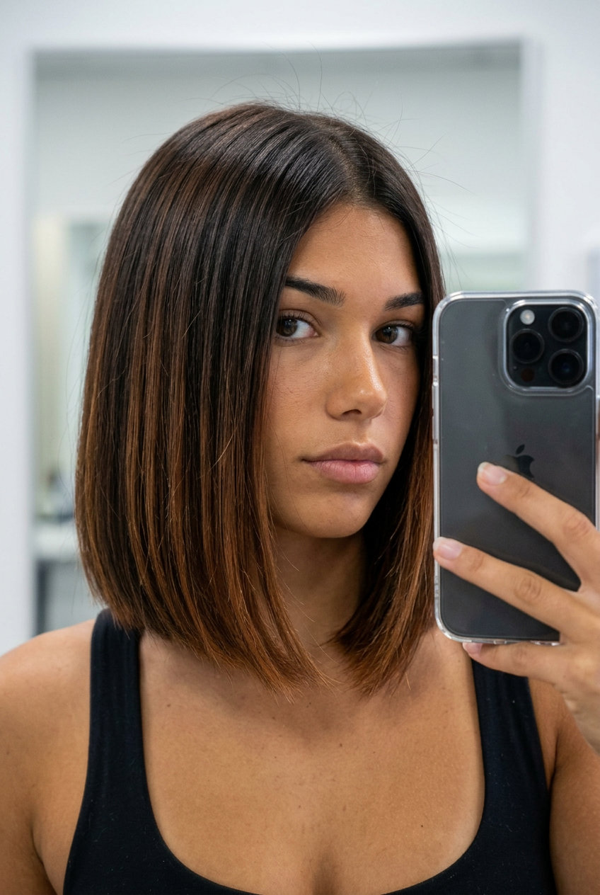 chin-length blunt bob balayage with copper glaze and no bangs for professional settings