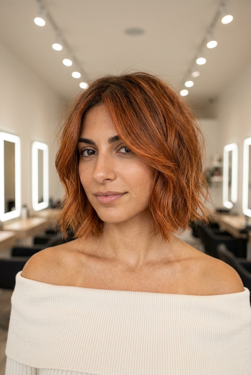 chin-length italian bob haircut in muted golden-red with copper tones and face-framing layers — boho-chic summer