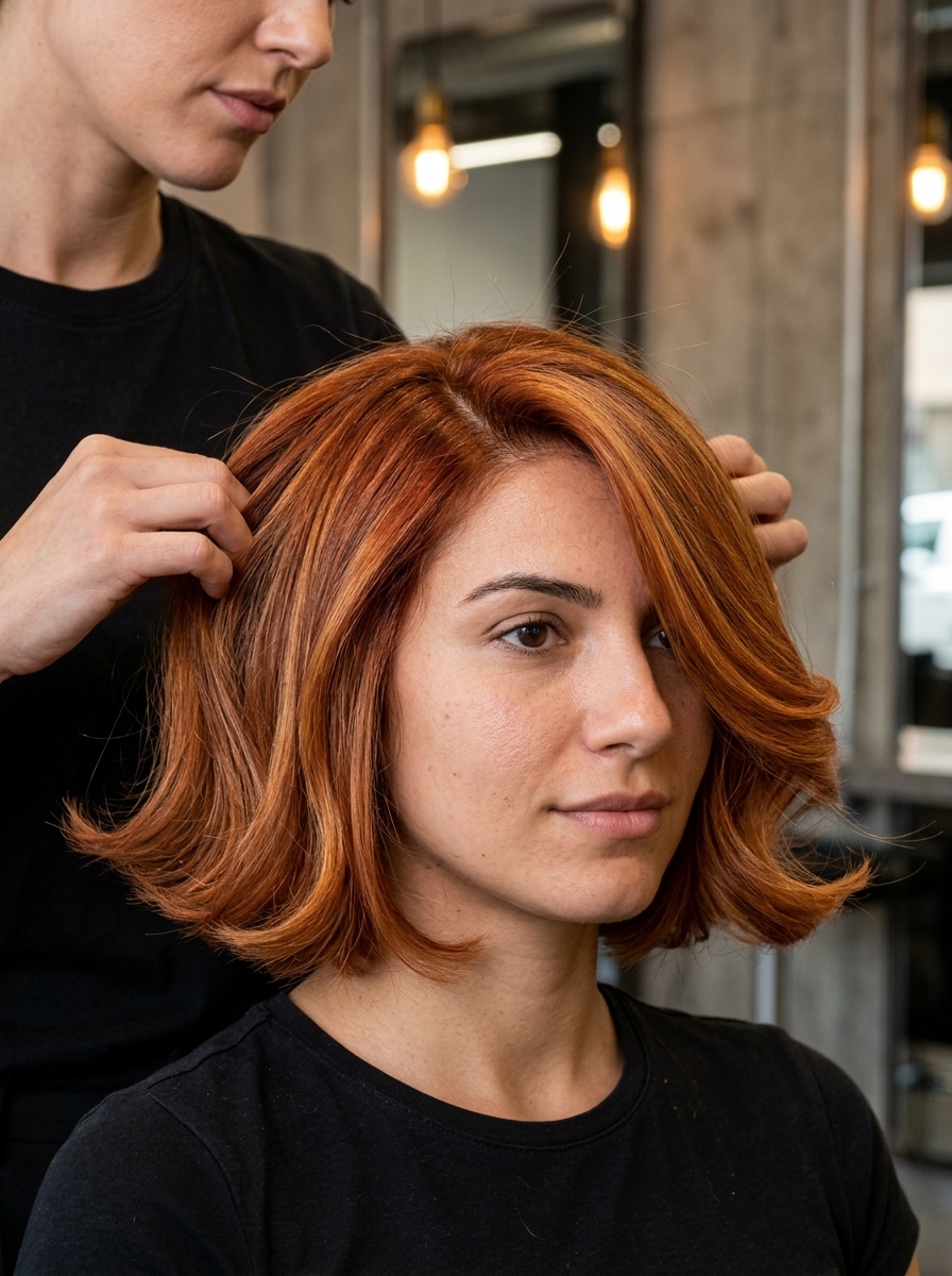 chin-to-jaw length italian bob haircut with copper balayage, rounded shape, deep side part — bold glamorous style