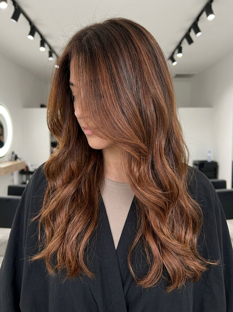 extra-long layered balayage with copper infusion and U-shape back for festivals
