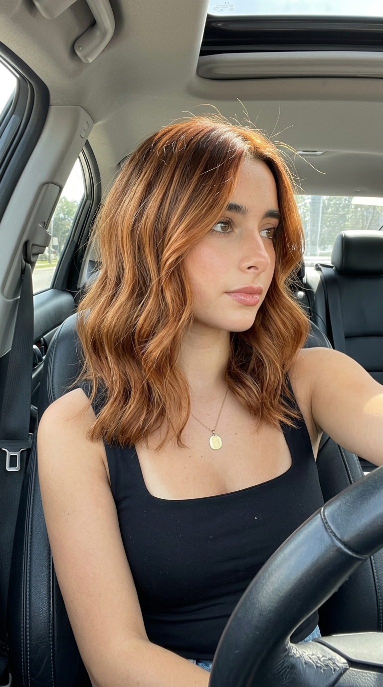 long copper balayage with golden amber, rich brunette base, and face-framing pieces for date nights