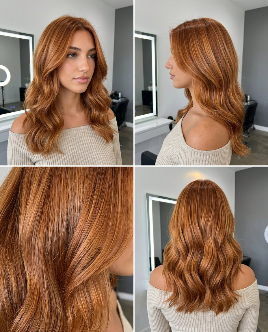 long layered hair with warm copper amber glaze, subtle balayage, romantic waves for summer wedding guest