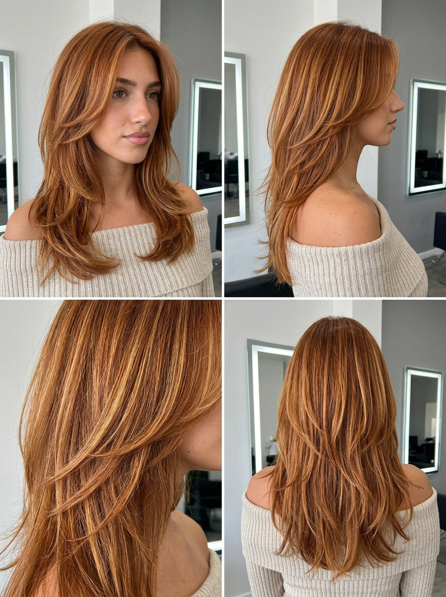 medium-long copper wolf cut with golden babylights, cascading layers, curtain bangs — playful, warm