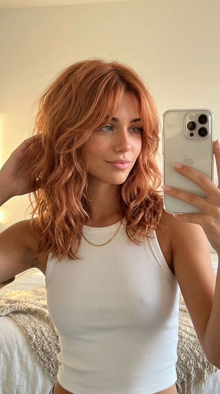 medium muted copper shag with strawberry blonde babylights and sweeping face-framing bangs for summer