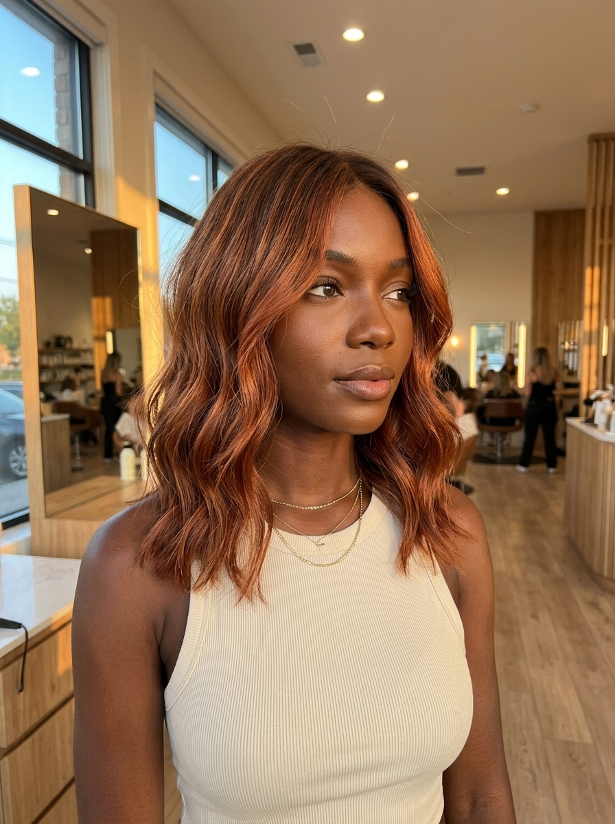 long copper balayage with warm penny, golden blonde, and face-framing pieces for festivals