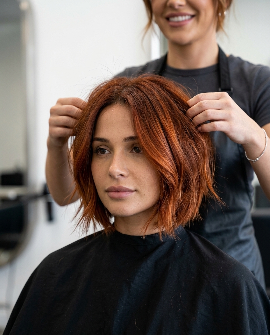 chin-length asymmetrical bob in vibrant copper-red auburn with textured layers & shaved undercut — edgy music festival style