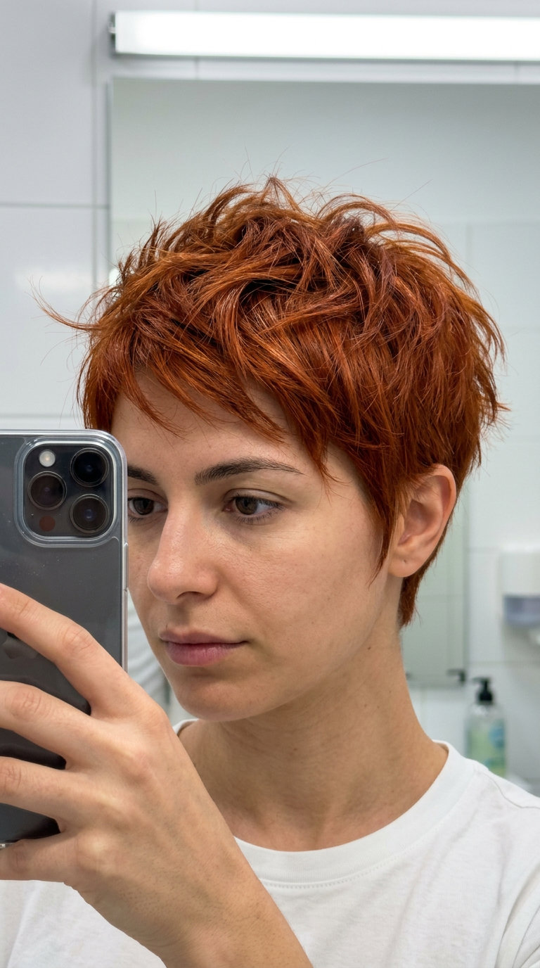 very short copper red pixie haircut with orange-gold undertones, razored taper, choppy layers — edgy summer style