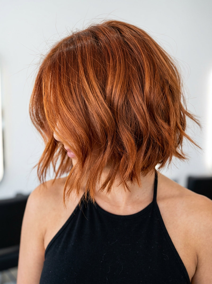 short copper french bob haircut with amber undertones, point-cut ends, face-framing pieces — vibrant playful look