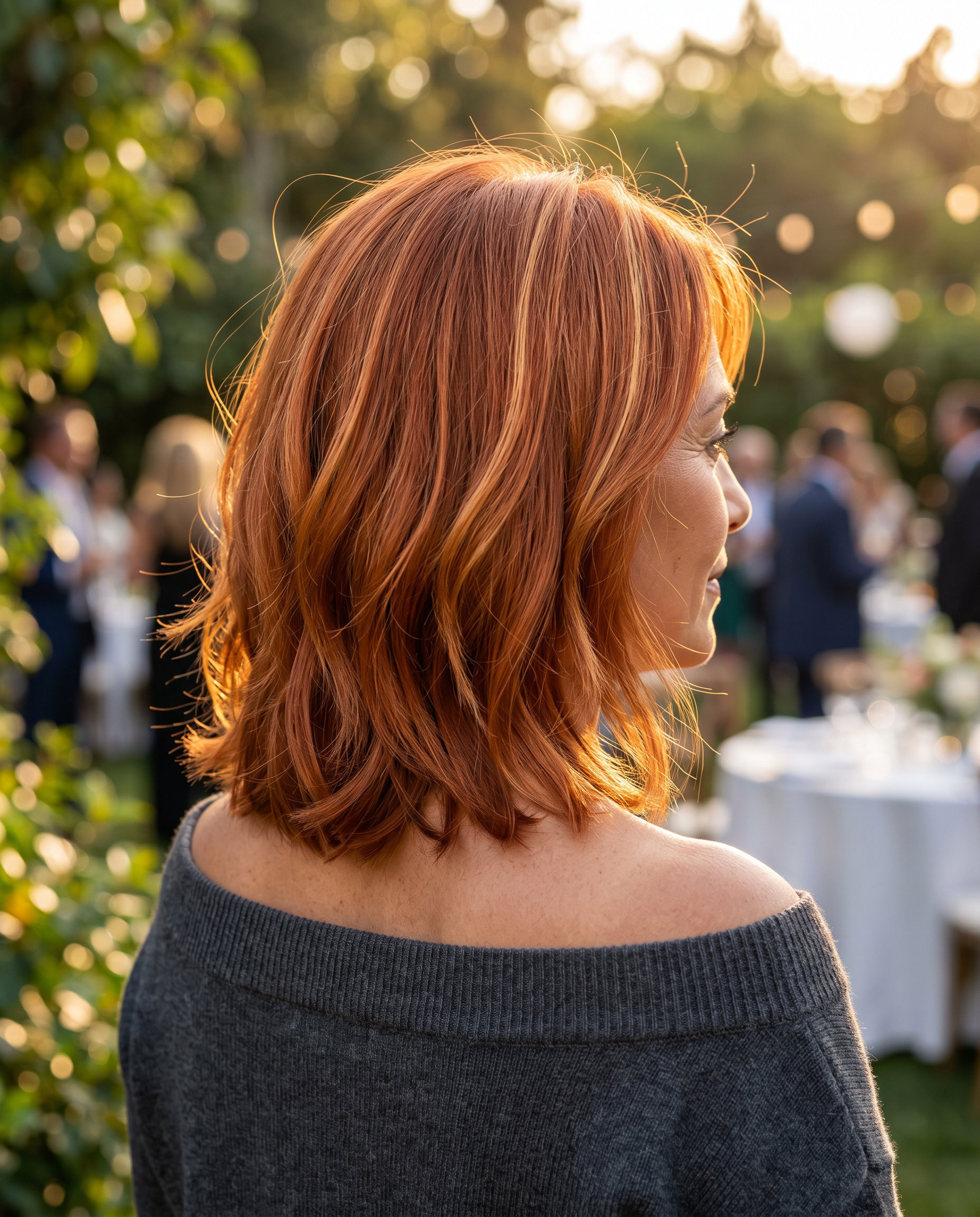 shoulder-length lob haircut with vibrant copper and golden highlights, soft internal layering, face-framing layers — romantic date night