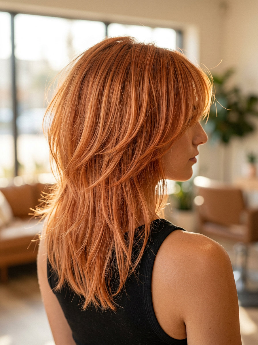 shoulder-length copper butterfly haircut with peach lowlights and curtain bangs for summer 2026
