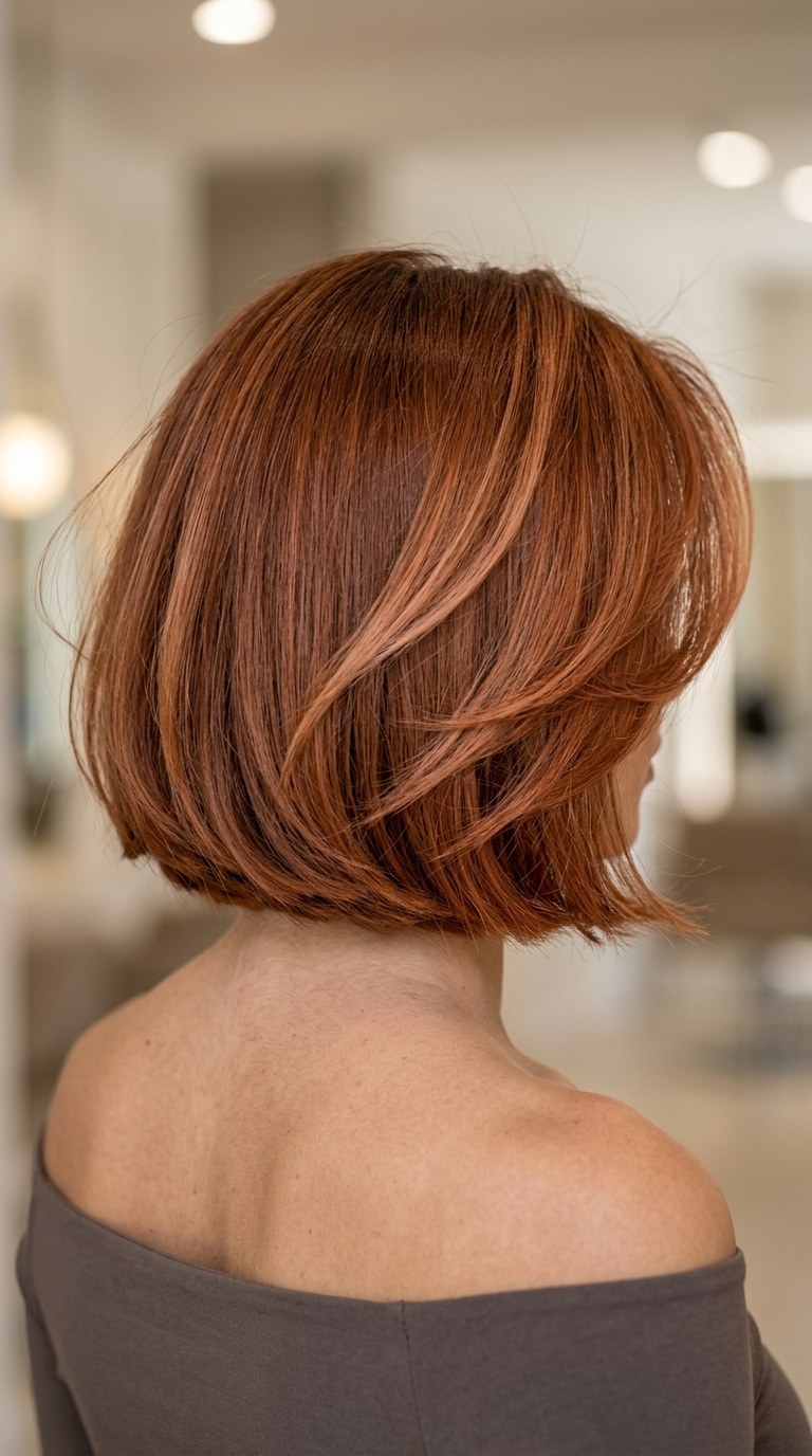 neck-length rich copper red Italian bob with swept fringe and strawberry blonde babylights for summer