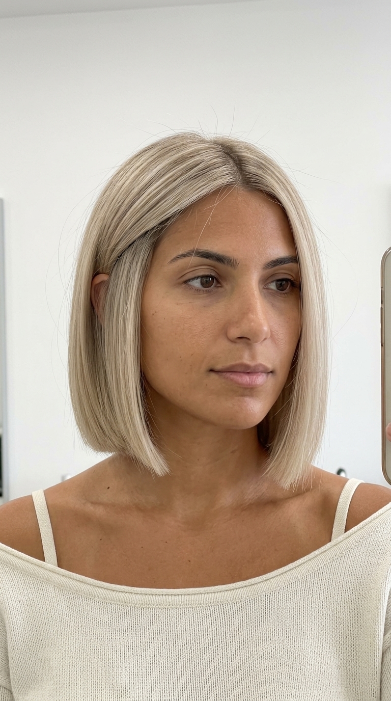 chin-length italian bob haircut with creamy blonde babylights, root smudge, blunt perimeter — sophisticated expensive look