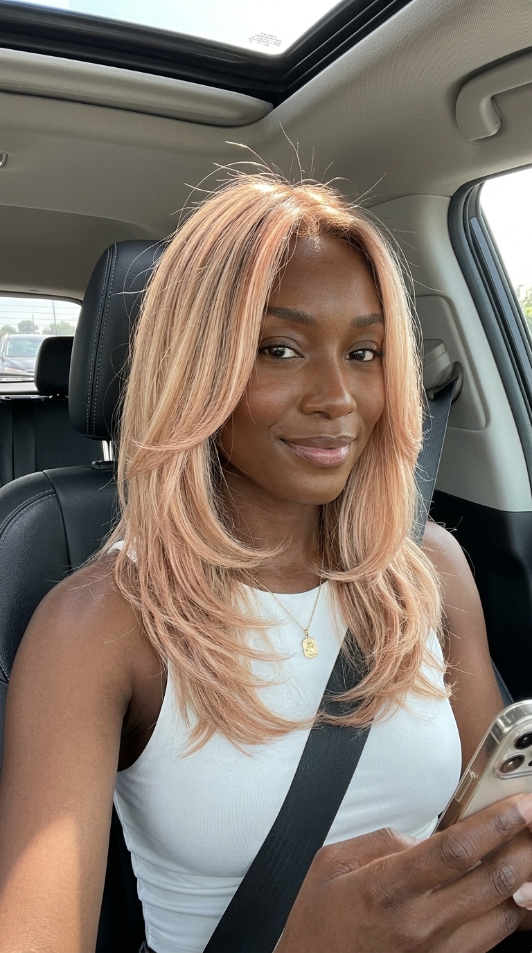 long graduated haircut in creamy blonde with rose gold babylights for summer wedding guest