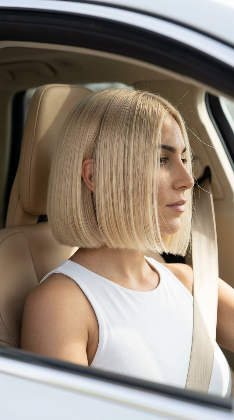 short French bob buttery blonde with creamy blonde and vanilla bean tones, fine babylights, no fringe — minimalist everyday chic
