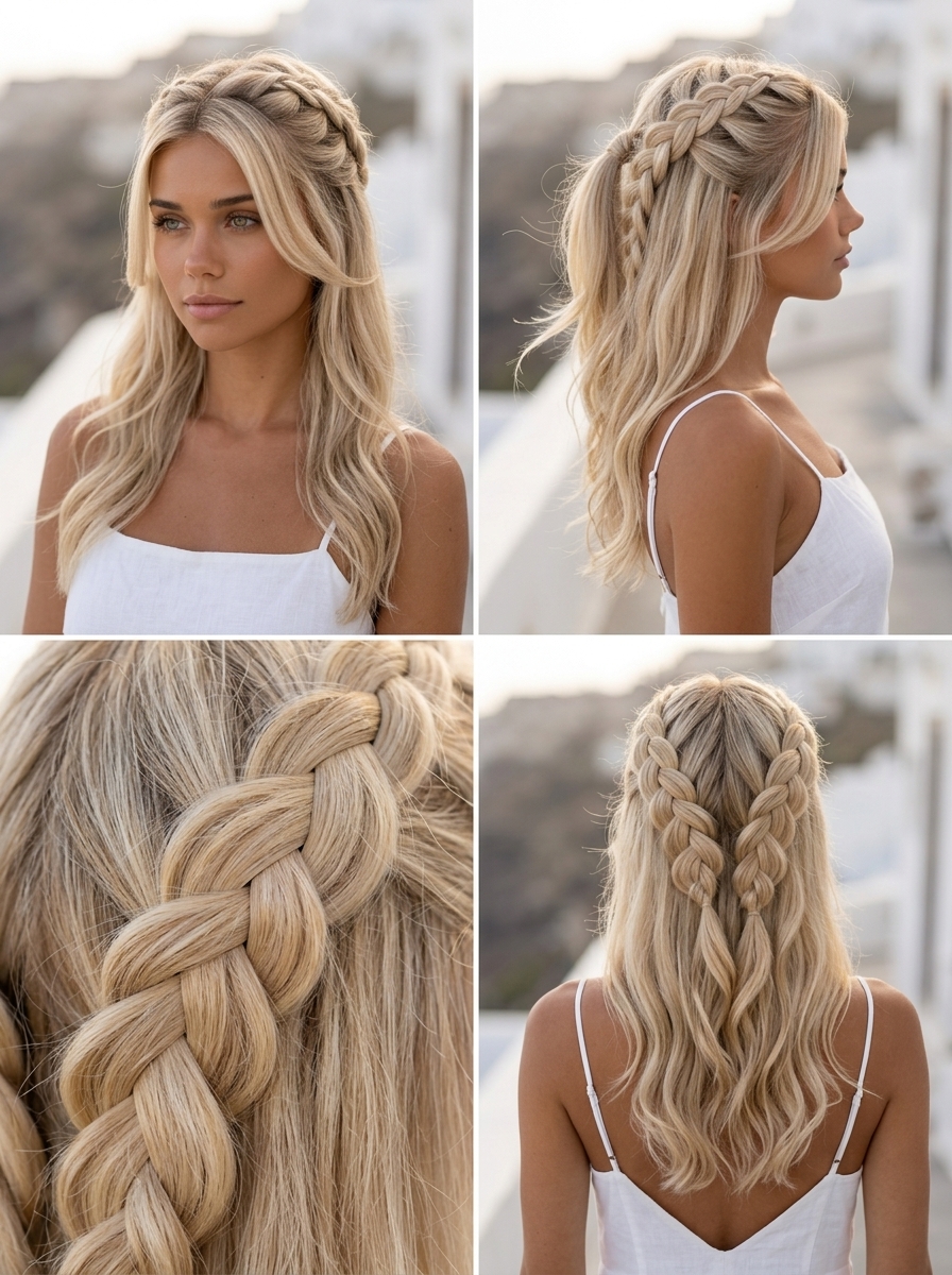 long creamy blonde half-up braids with pale golden babylights, soft waves for brunches