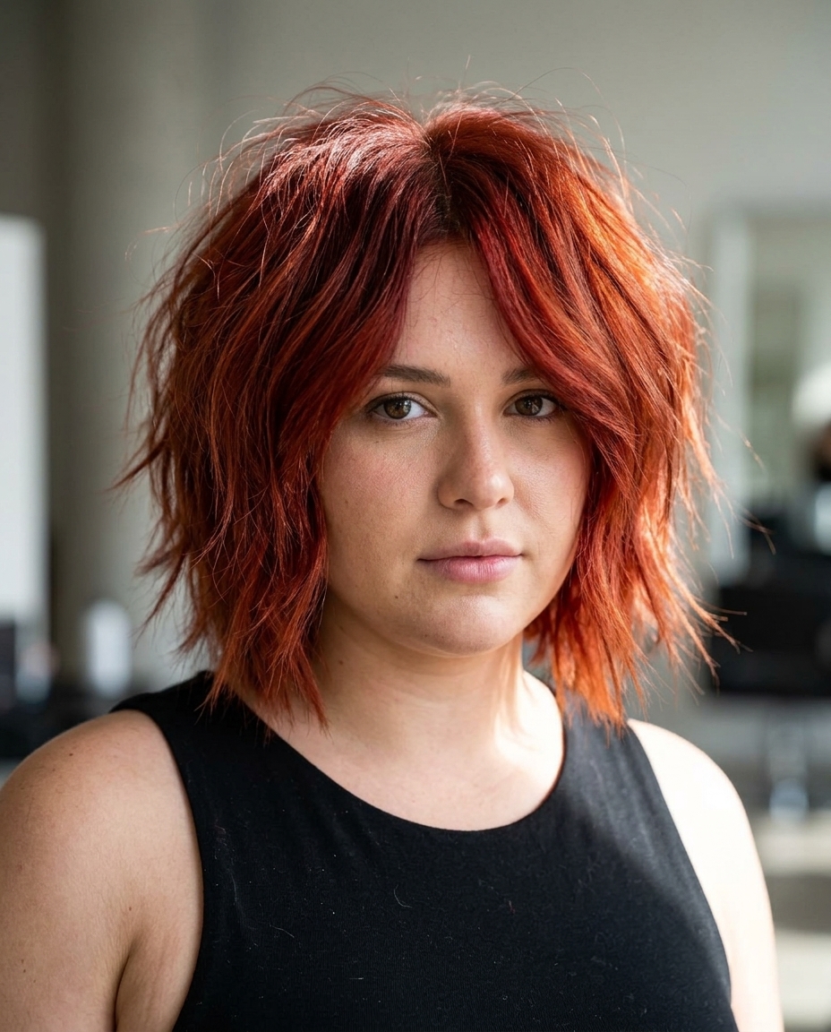 short crimson copper bob haircut with red undertones, razored ends, no bangs — bold expressive