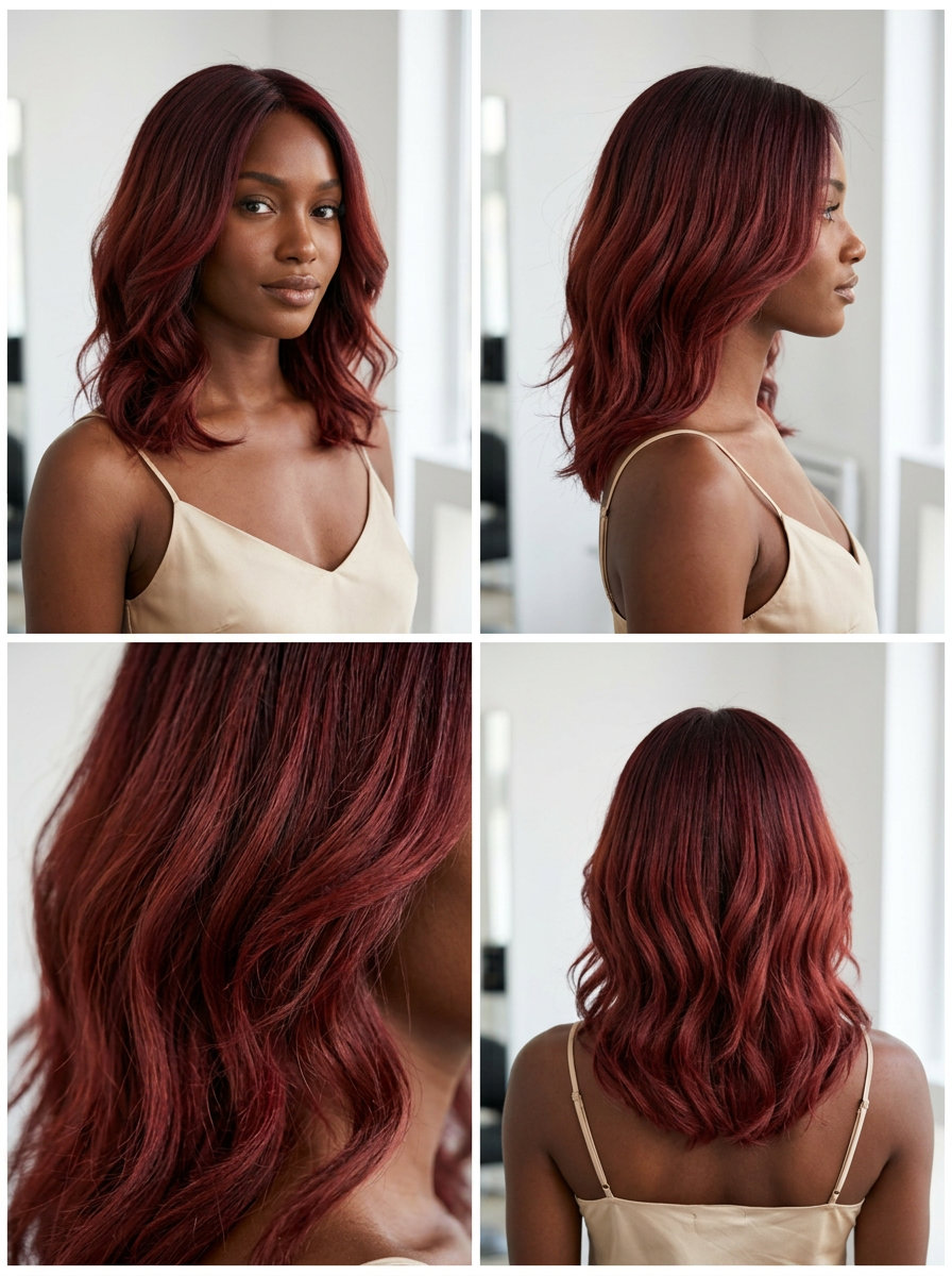 long layered ombre with crimson red shadow root to cherry cola, color melt technique