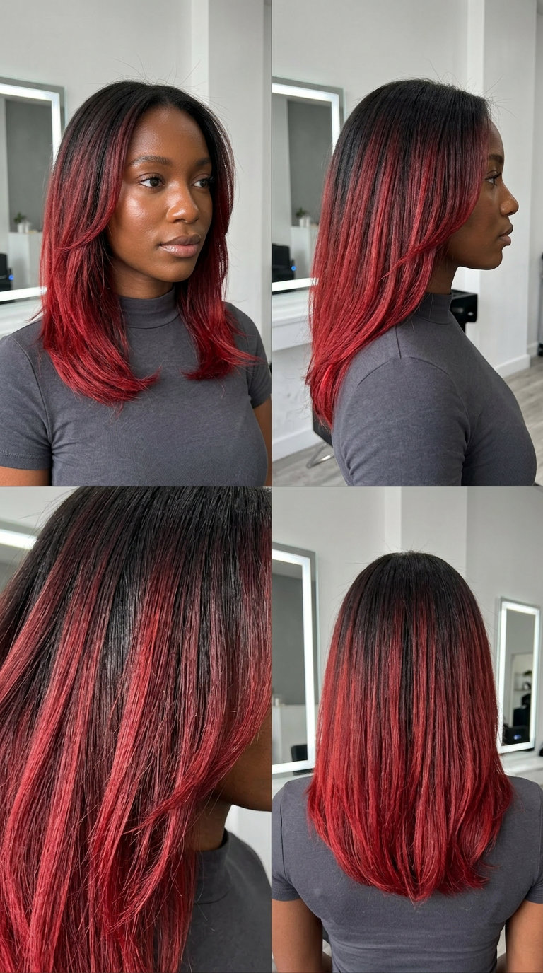 long flowing crimson red ombré with vibrant ombré, color melt, no fringe — bold statement