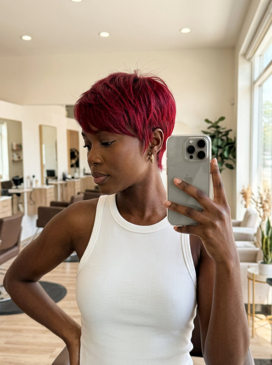 short crop haircut in crimson red with tapered nape and side-swept fringe for summer