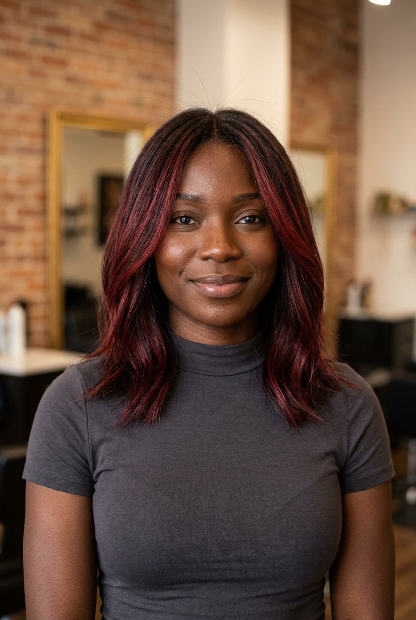 long layers with crimson wine balayage and copper-ruby undertones for music festivals