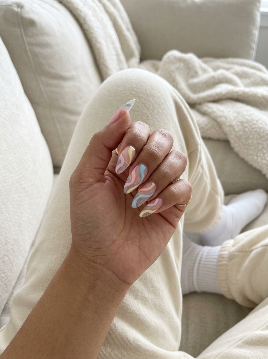 Cute summer nails 2026: Abstract glass negative space swirls in pastel pink, blue, and yellow.