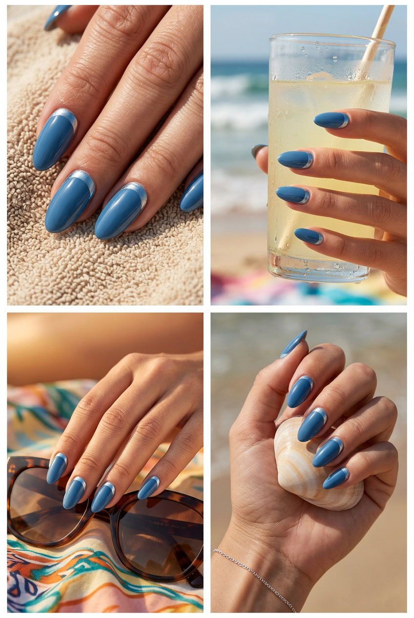 Cute summer nails 2026: Celestial chrome reverse French in deep sky blue with silver-blue shift.