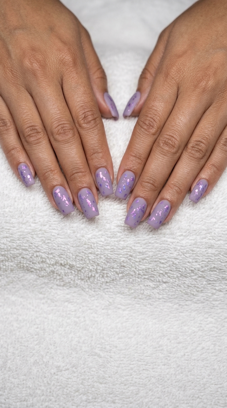 Cute summer nails 2026: Matte lavender with iridescent foil flakes for festivals and parties.
