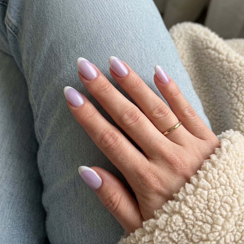 Cute summer nails 2026: Pearlescent lavender jelly with white micro French, medium almond shape, romantic style.