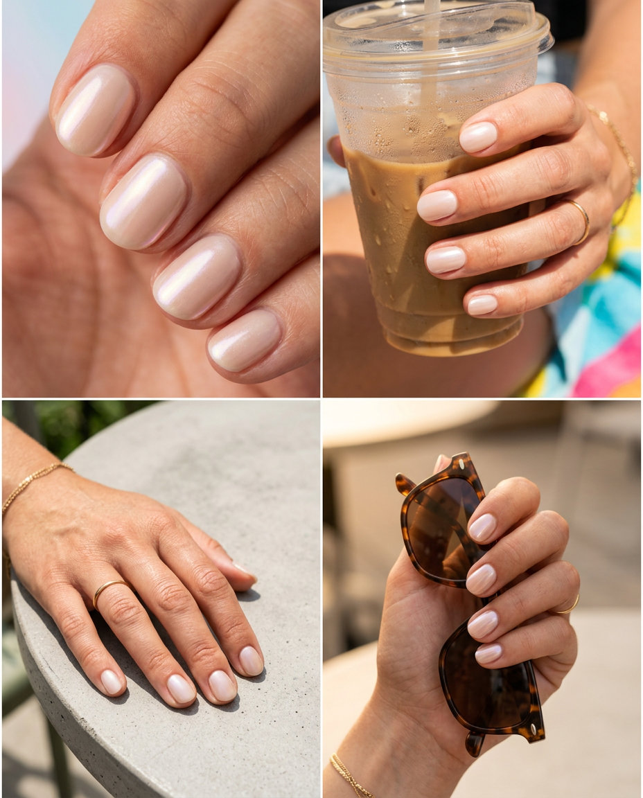 Cute summer nails 2026: Milky nude glazed donut shimmer, short square shape, minimalist work style.