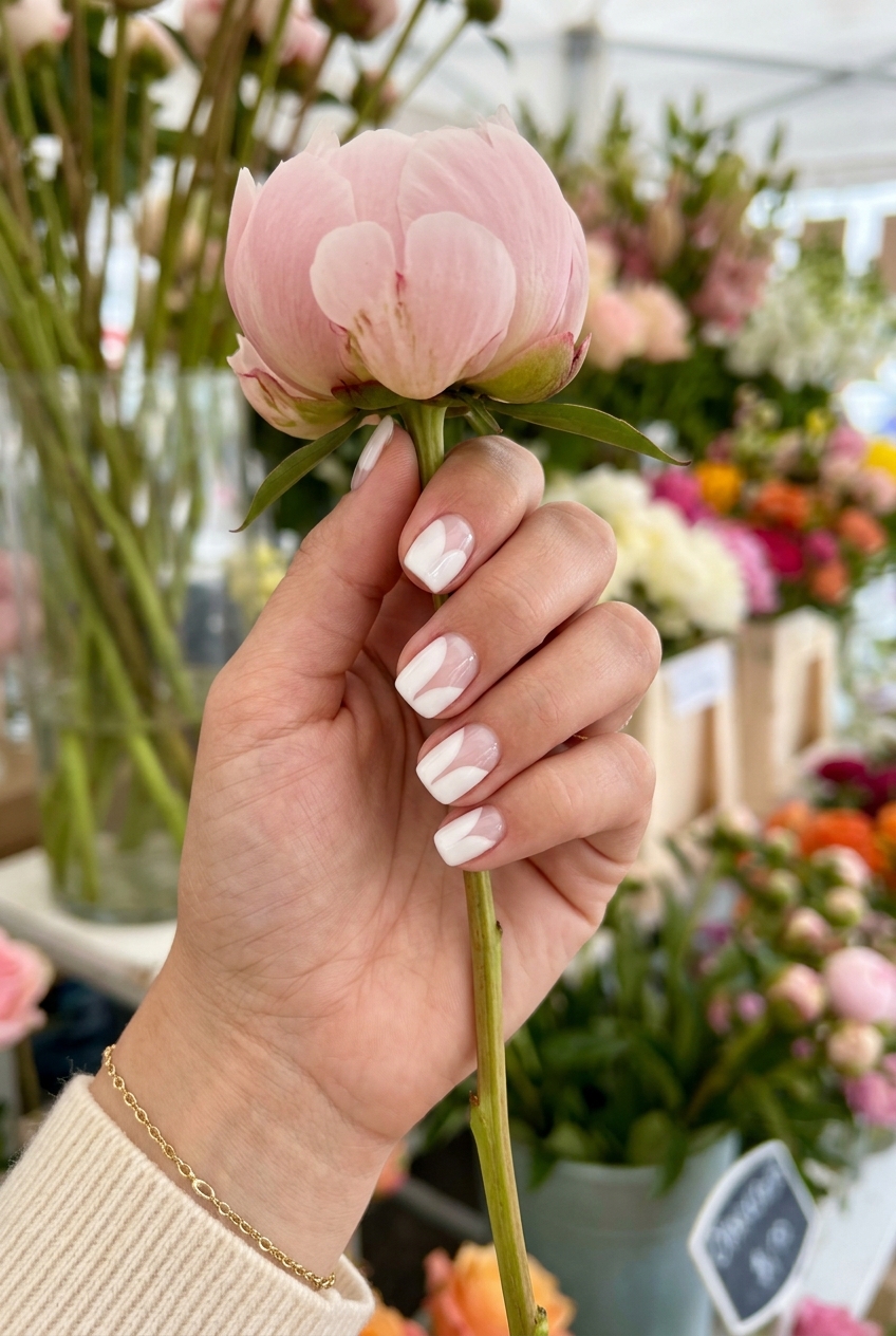 Cute summer nails 2026: Milky white abstract accents on a clear base with glossy finish.