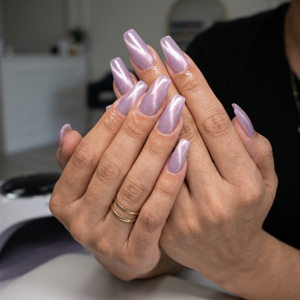 Cute summer nails 2026: Mystic lavender cat-eye swirls with pearlescent chrome overlay.