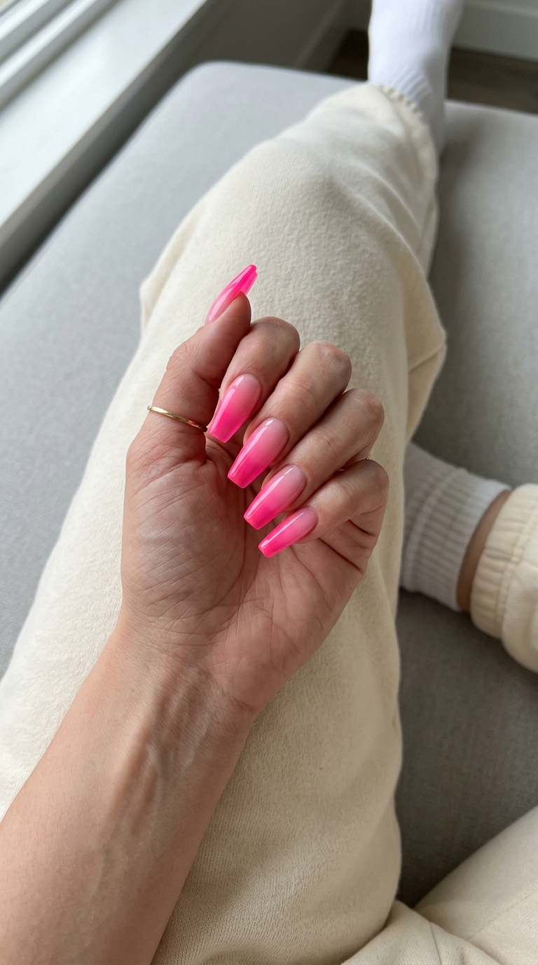 Cute summer nails 2026: Electric neon pink jelly with aura effect, long stiletto shape, bold festival style.
