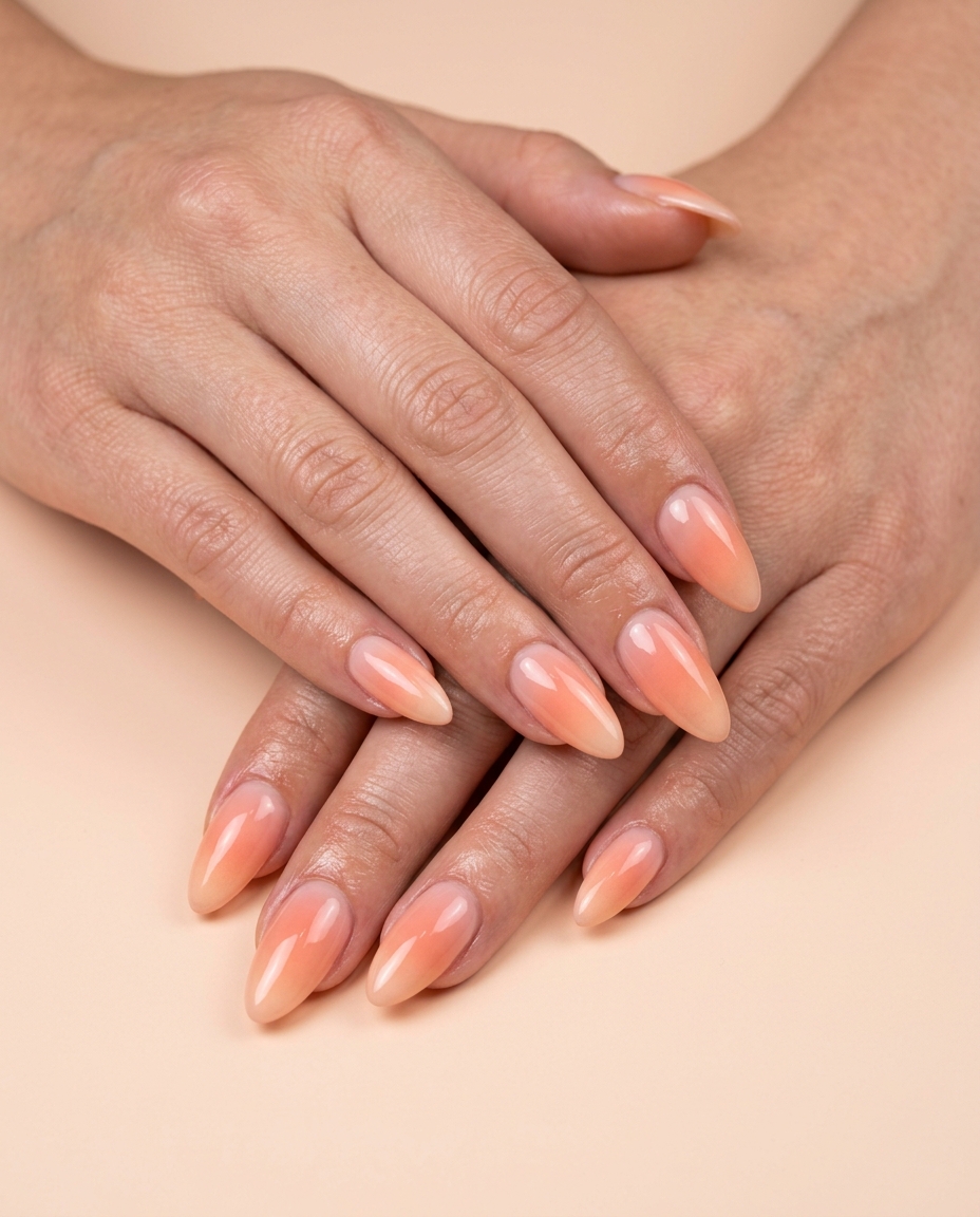 Cute summer nails 2026: Romantic Peach Fuzz aura gradient nails for date night.