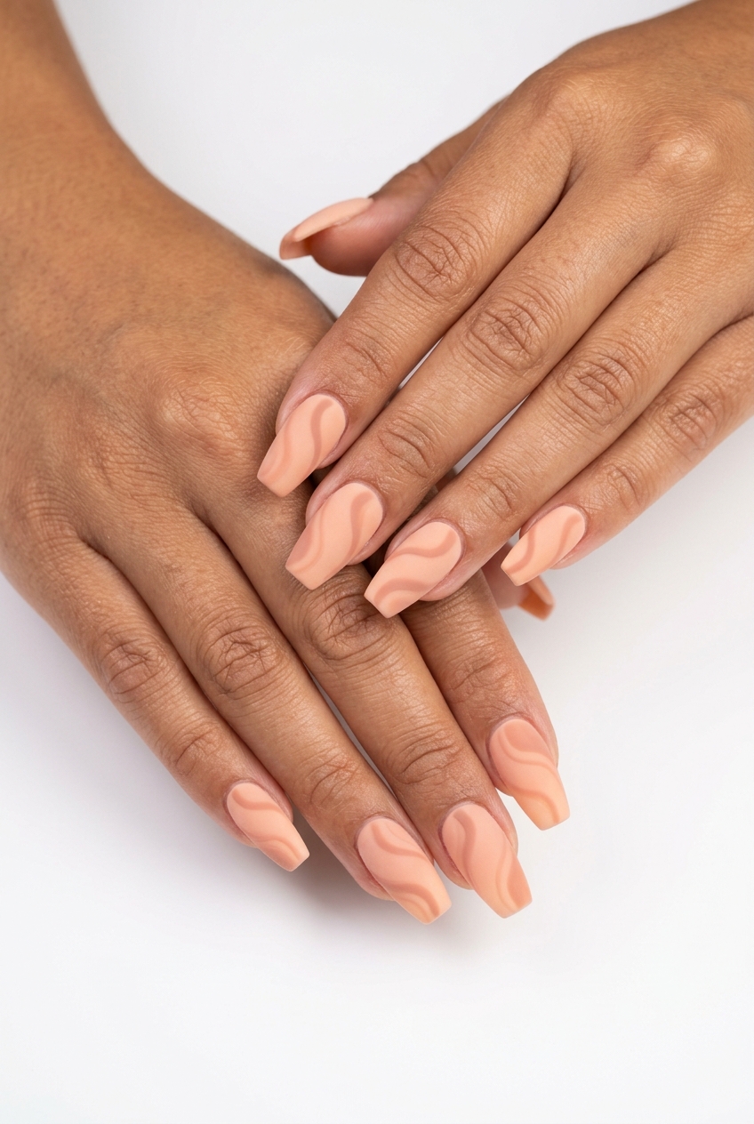 Cute summer nails 2026: Peach fuzz with muted peach swirls, soft coffin shape, velvet matte finish.