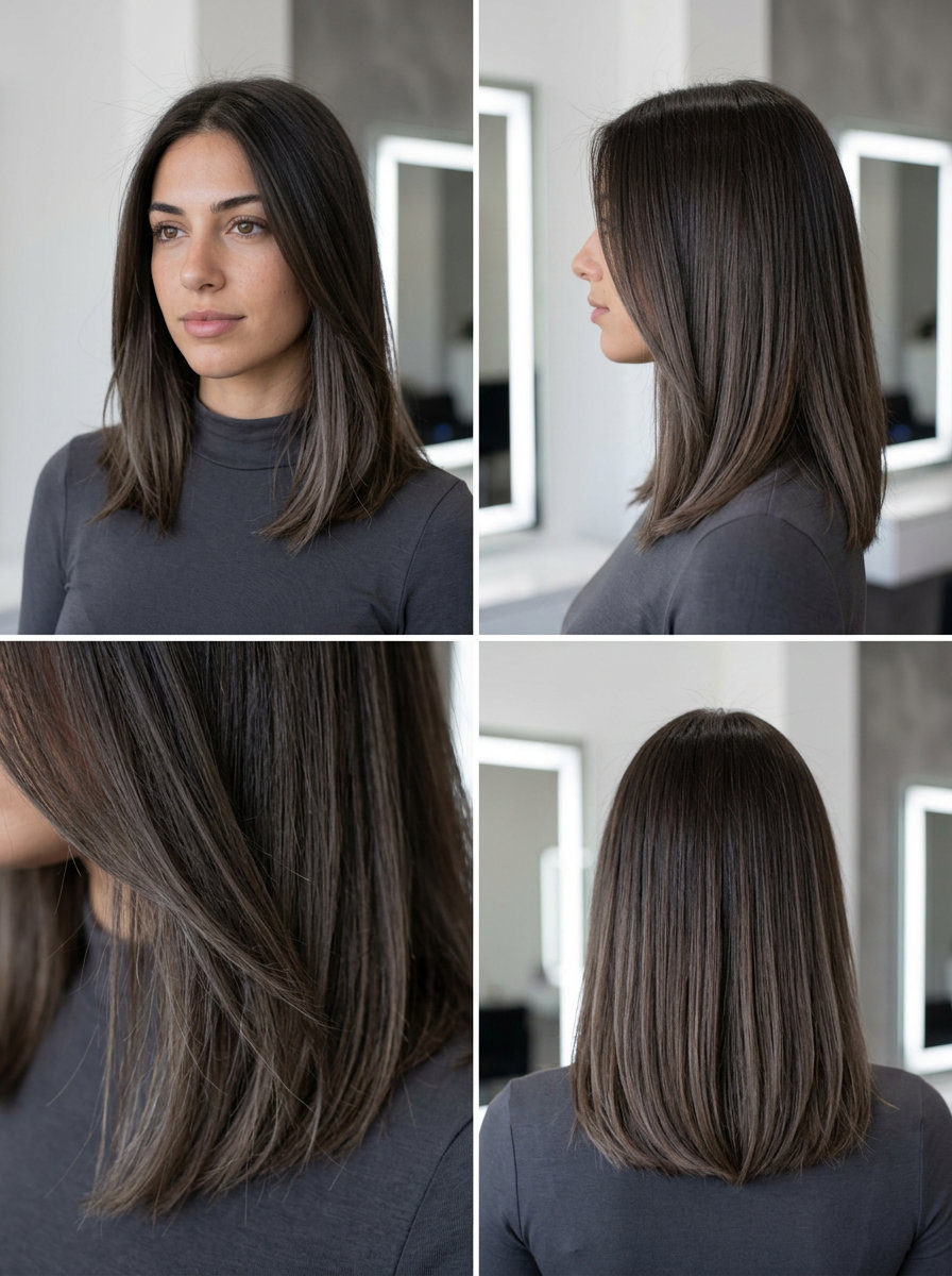 long deep cool ash brown hair with reverse balayage, subtle depth, no fringe — edgy