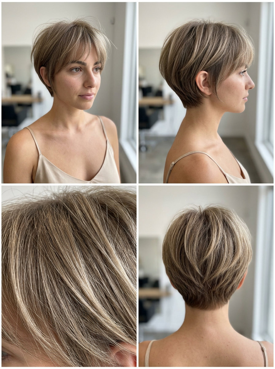 short pixie haircut with dark blonde, internal layering, rounded silhouette, wispy fringe — soft playful daily