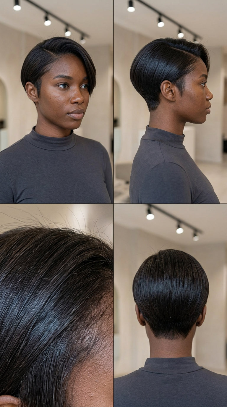 very short dark brown pixie haircut with blue undertones, blunt taper, deep side part — sophisticated minimalist style