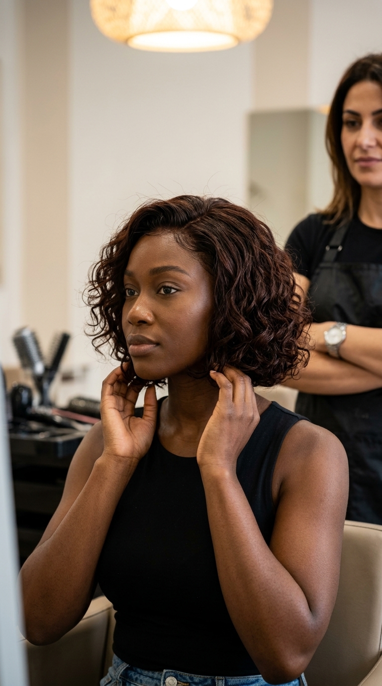 chin-length italian bob haircut with dark chocolate brunette, point-cut layers, natural texture — playful casual