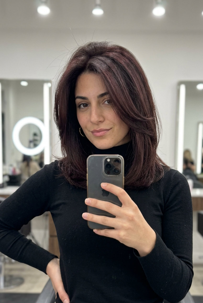 long dark chocolate brown hair with red violet glaze, subtle plum shimmer, no fringe — sultry