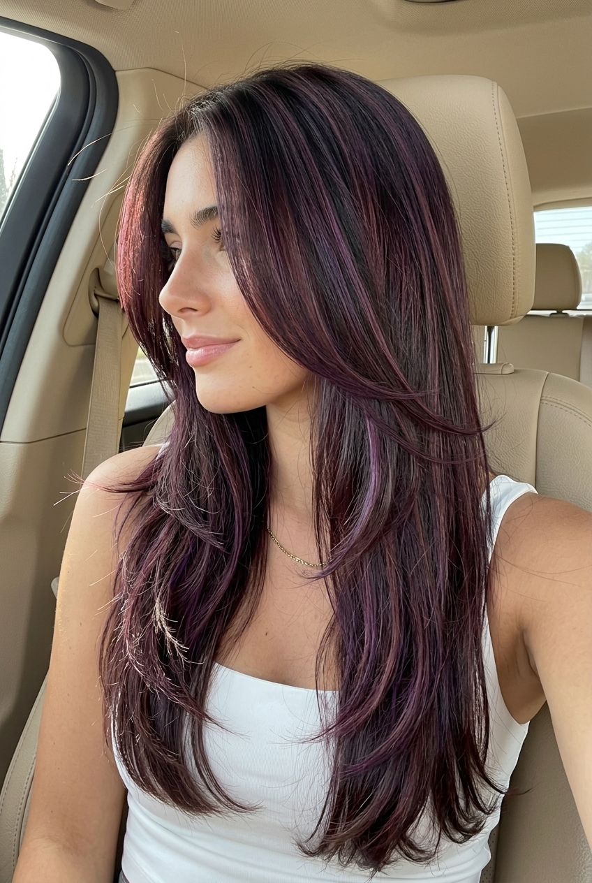 long dark chocolate hair with violet & mahogany ribbons, U-cut — bold