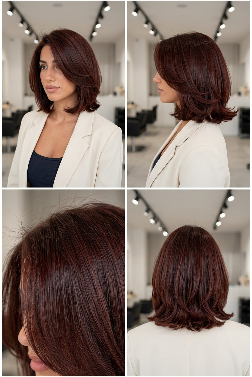 neck-length italian bob in deep mahogany auburn, textured layers & outward flipped ends — glamorous cocktail party style