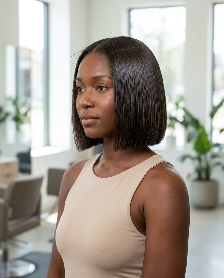 chin-length blunt bob haircut in deep natural brunette with high gloss finish, sharp perimeter — bold, futuristic